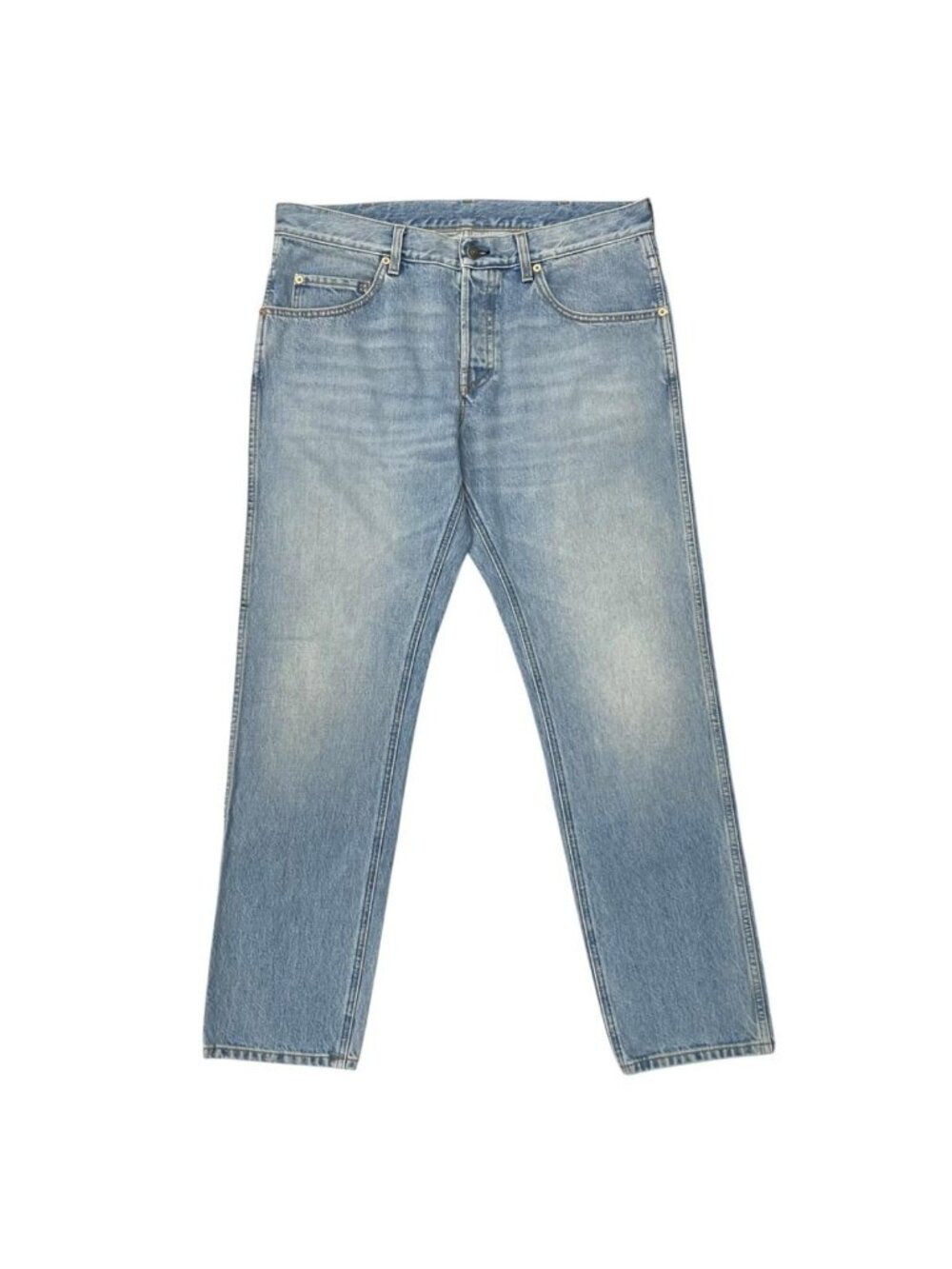 Gucci Pants Horsebit Tapered Denim Cotton Logo Patch Blue Gold 36